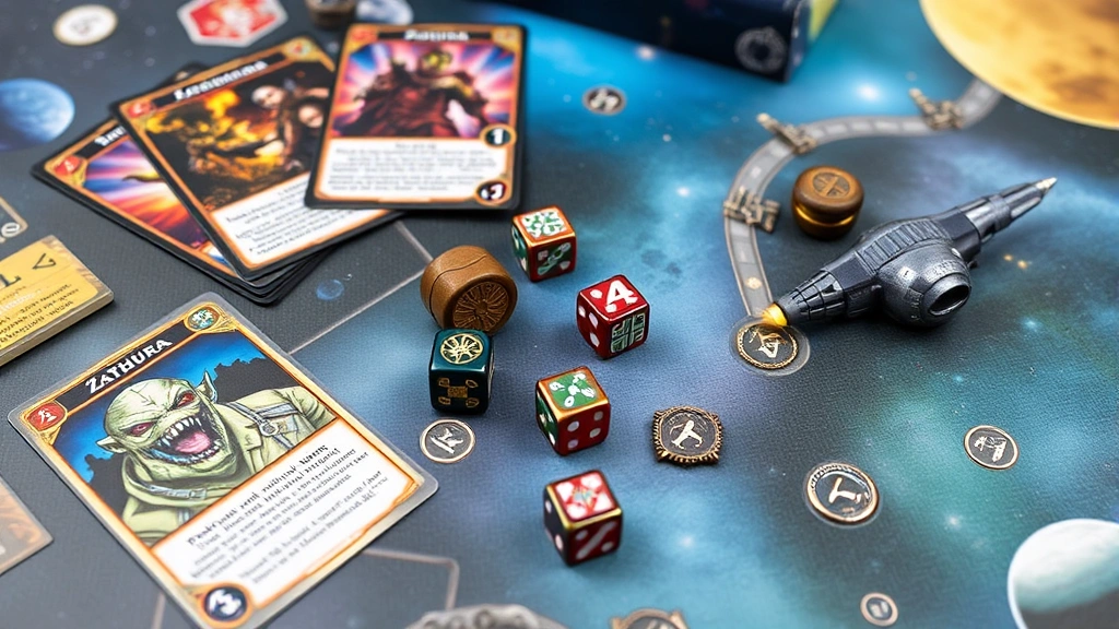 Close-up of Zathura board game components including detailed game cards with space and alien artwork, ornate player tokens, premium dice, and the illustrated game board showing the space journey path with nebulas and planets
