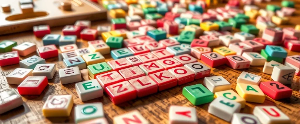 Close-up of colorful letter tiles scattered on a wooden table during an intense Zingo game match, natural lighting highlighting the vibrant tile colors and textures, competitive gaming atmosphere