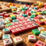 Close-up of colorful letter tiles scattered on a wooden table during an intense Zingo game match, natural lighting highlighting the vibrant tile colors and textures, competitive gaming atmosphere